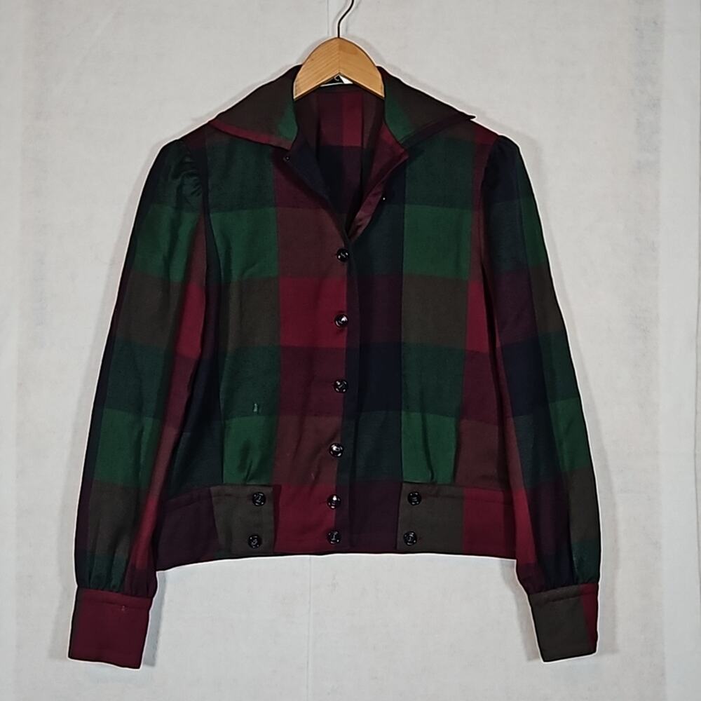 Vintage Adele Simpson Red Green Plaid Blouse 100% Wool 80s Shoulder Pads Sz 6